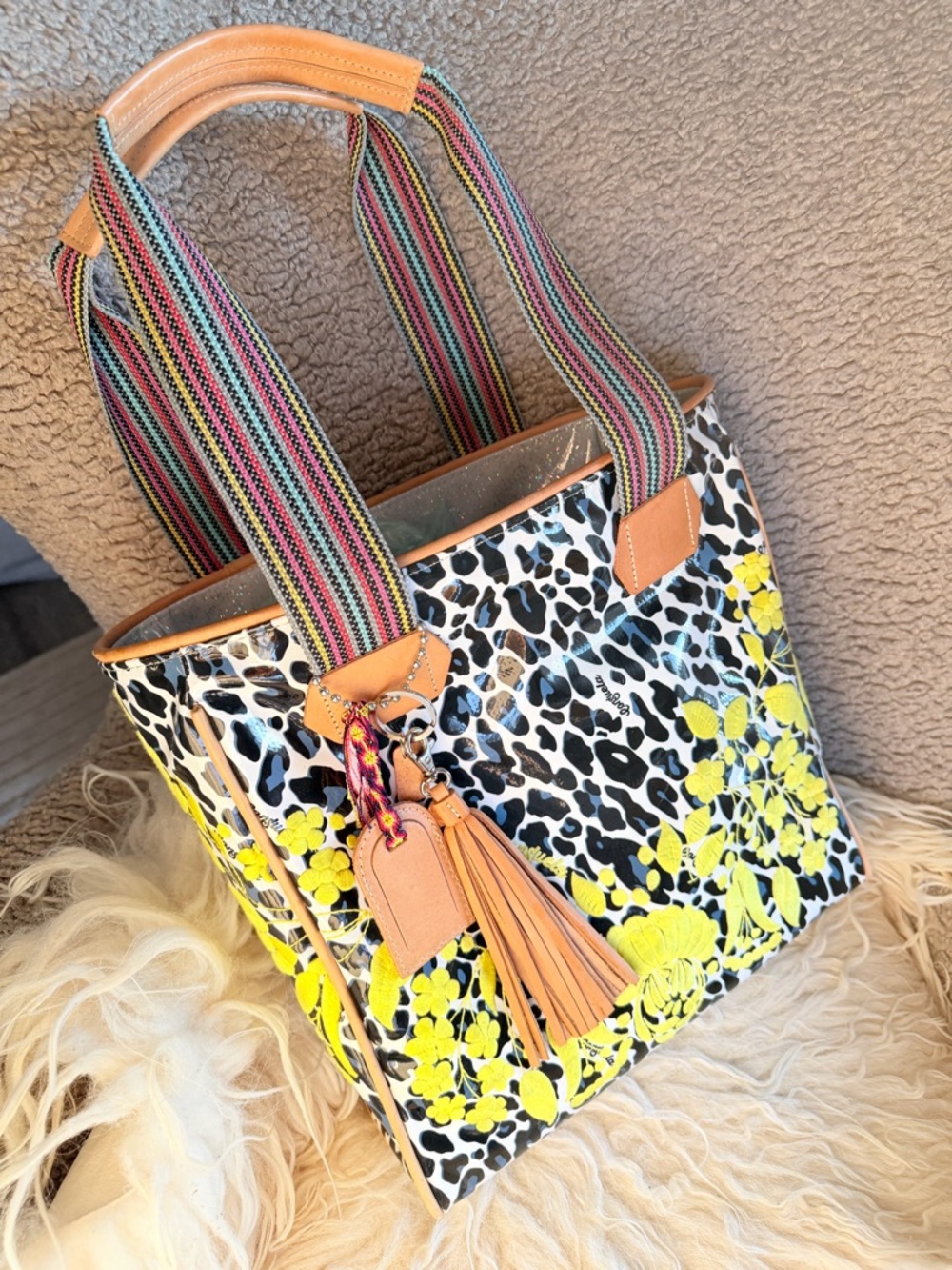 Consuela Gaby Snow Jag Leopard Classic Tote Bag w/Diego Leather Details & Charms